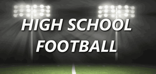 Football field at night with lights on and the words high school football.