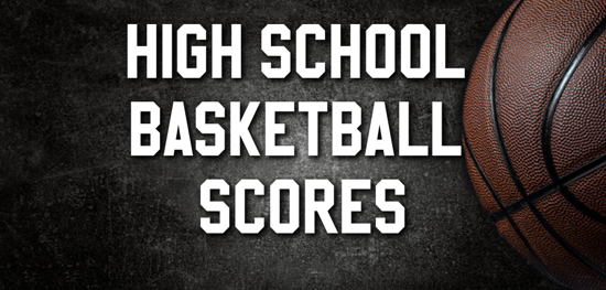 Basketball on the court in the background with the words high school basketball scoreboard on the left.