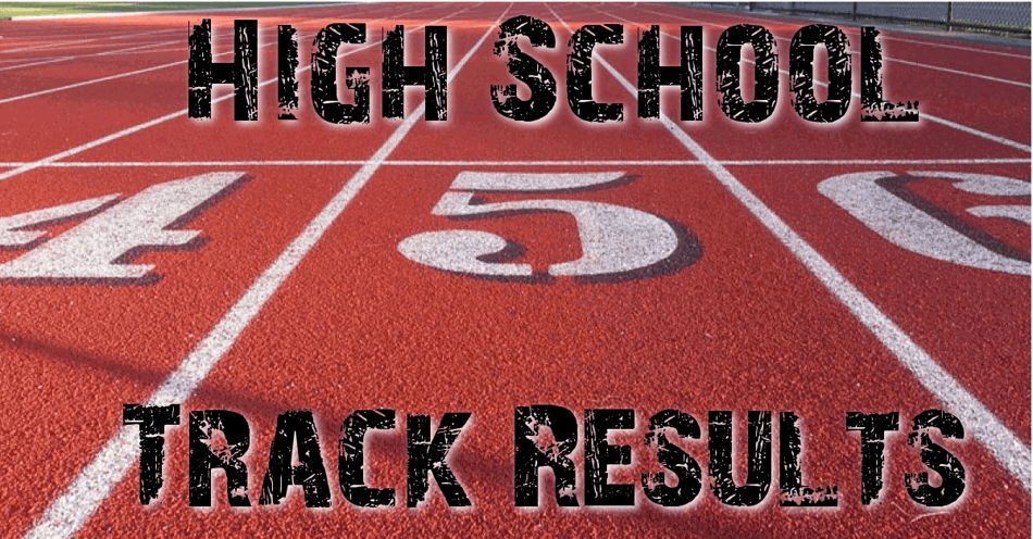 Running track in the background with the words high school track results overlaid on top.