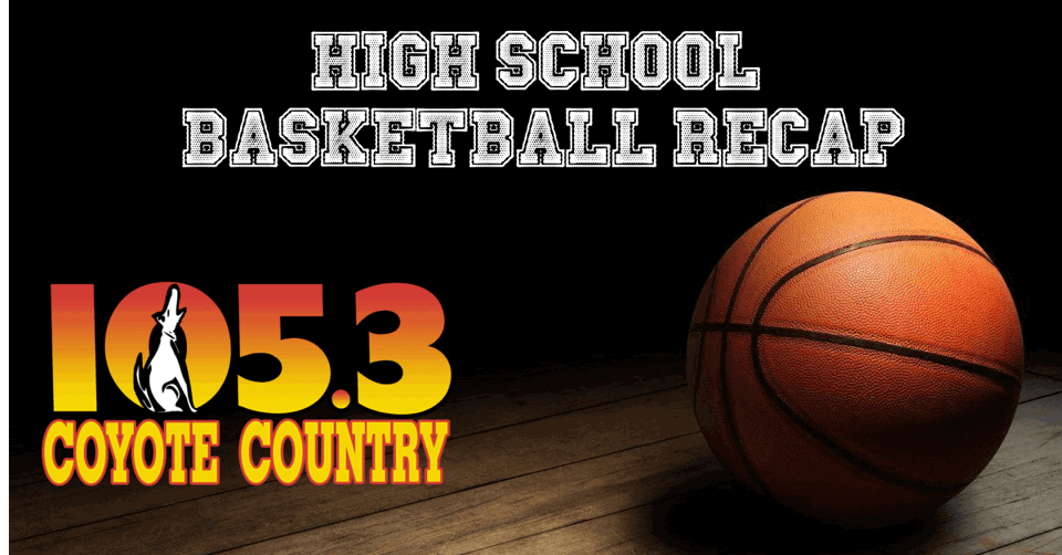 Basketball on the court in the background witht the words high school basketball recap on top and KIOD-FM logo on the left.