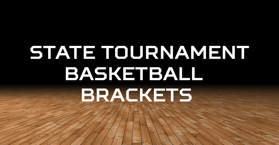 Basketball court floor in the background with the words State Tournament Basketball Brackets overlaid.