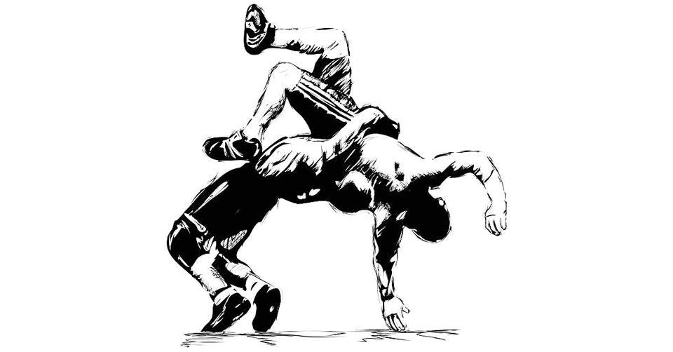 Drawing of to wreslers in a take down.